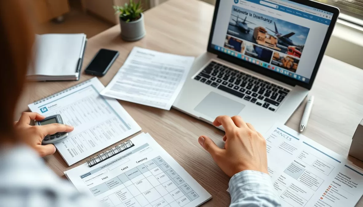 Person reviewing international moving quotes and comparing services between companies