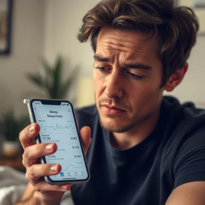 Person reviewing sleep data on smartphone with increased awareness
