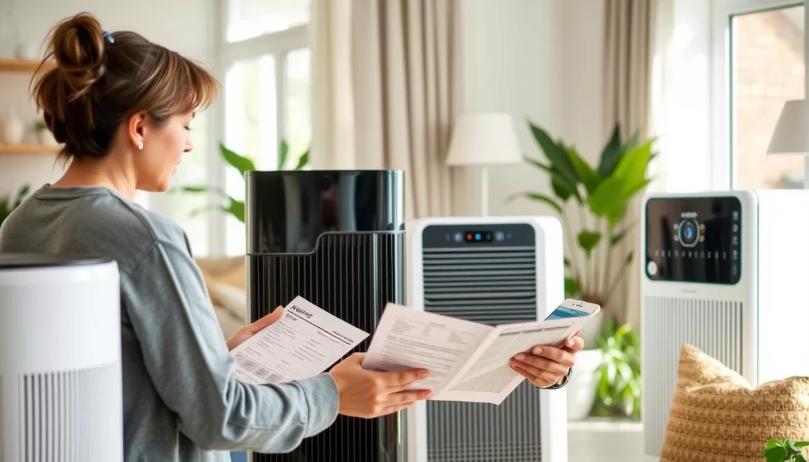 Person selecting an air purifier 2026 model while considering room size and features