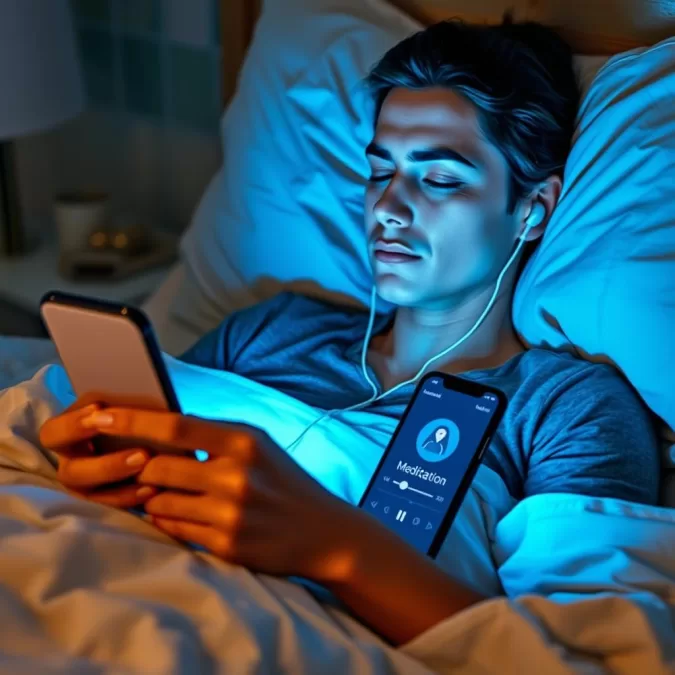 Person using guided meditation feature of sleep app before bed