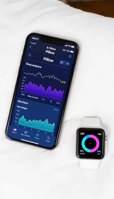 Pillow app interface on iPhone and Apple Watch showing sleep tracking data and heart rate monitoring