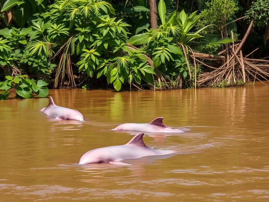 Pink river dolphins in the Orinoco Delta during winter