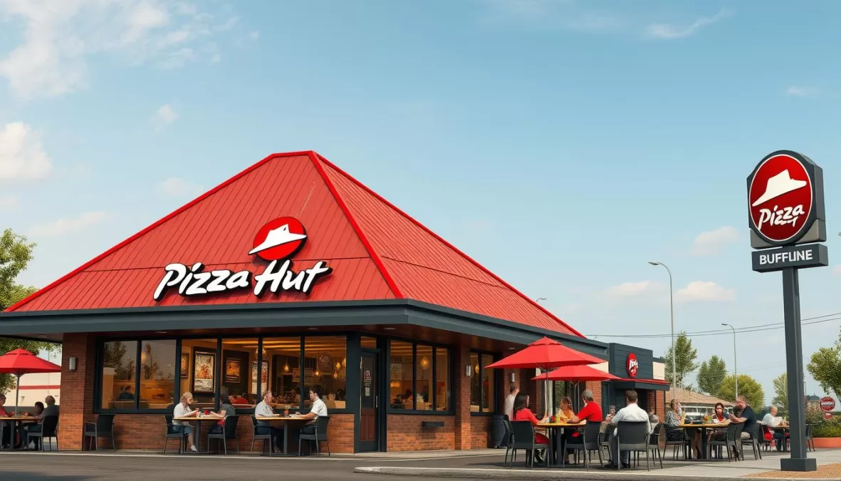 Pizza Hut restaurant with its iconic red roof design and customers enjoying pizza inside
