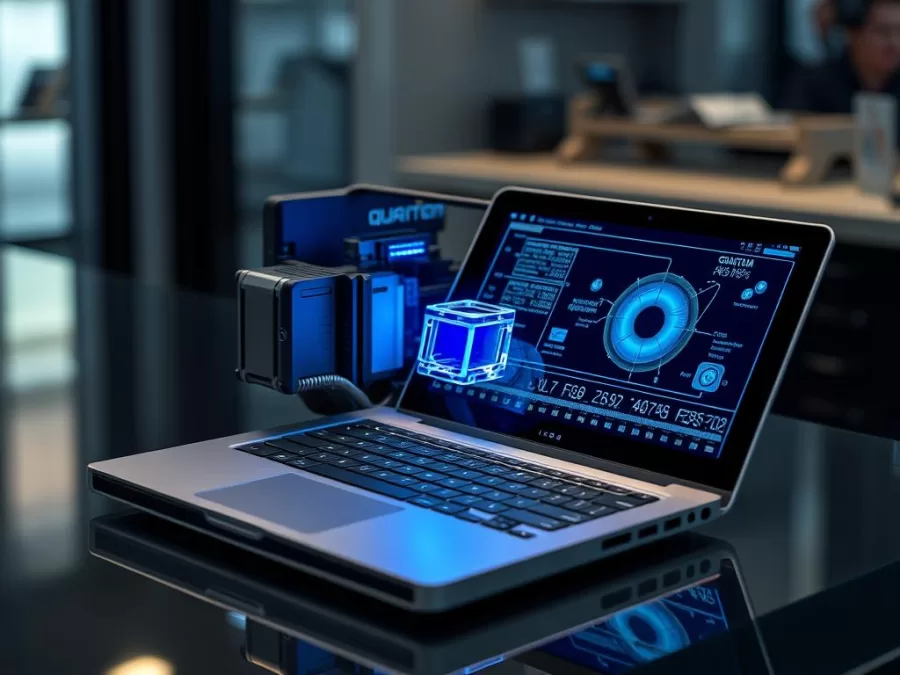 QuantumX Portable Supercomputer with quantum processing unit in a laptop-sized device performing complex calculations and simulations