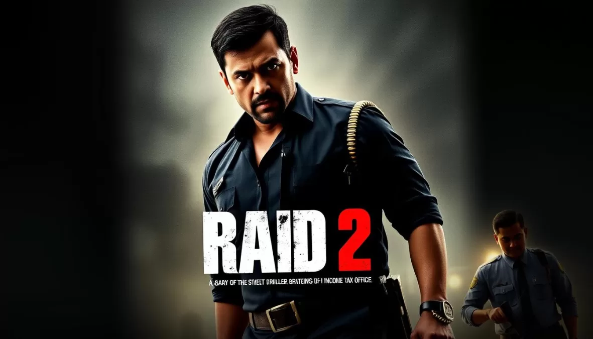 Raid 2 movie poster featuring Ajay Devgn as an income tax officer with intense expression