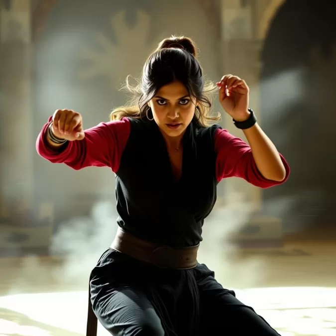 Rasha Thadani in an action sequence from Azaad, demonstrating her versatility