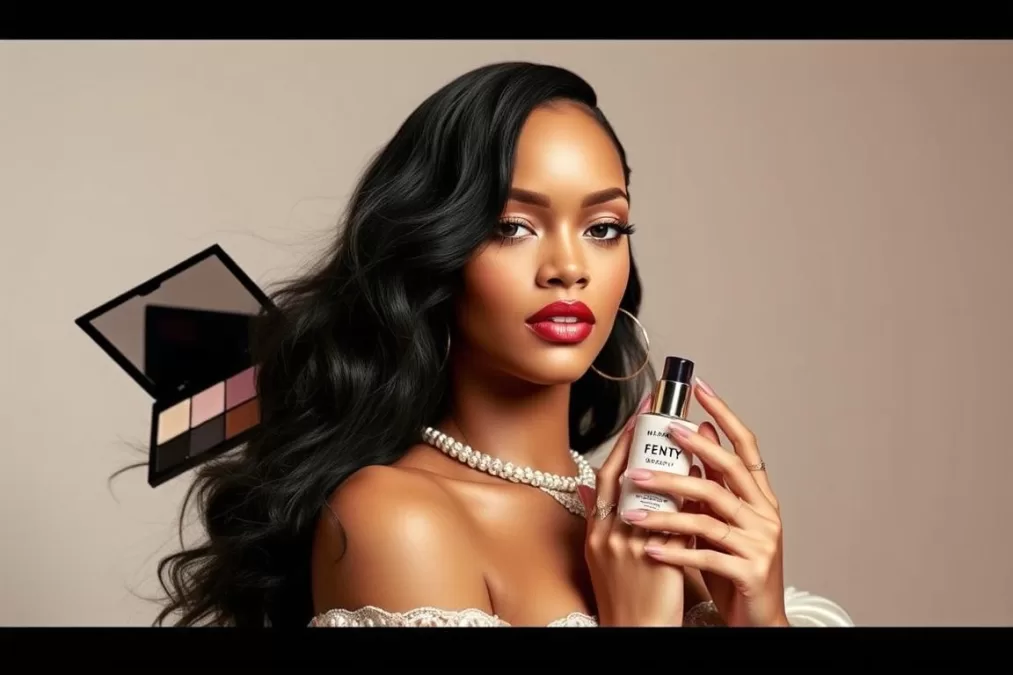 Rihanna showcasing Fenty Beauty products, highlighting her business empire that contributes to her #1 ranking among the top 10 sexiest women in world