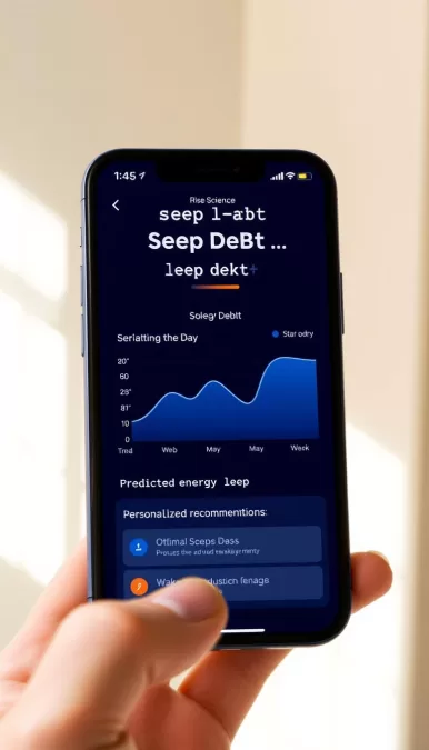 Rise Science app showing sleep debt score and energy forecast throughout the day