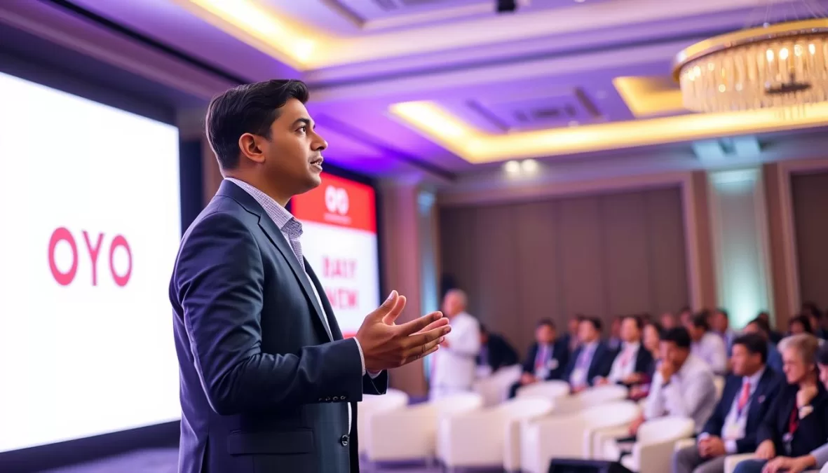 Ritesh Agarwal, founder of OYO Rooms, speaking at a global hospitality conference about the future of travel