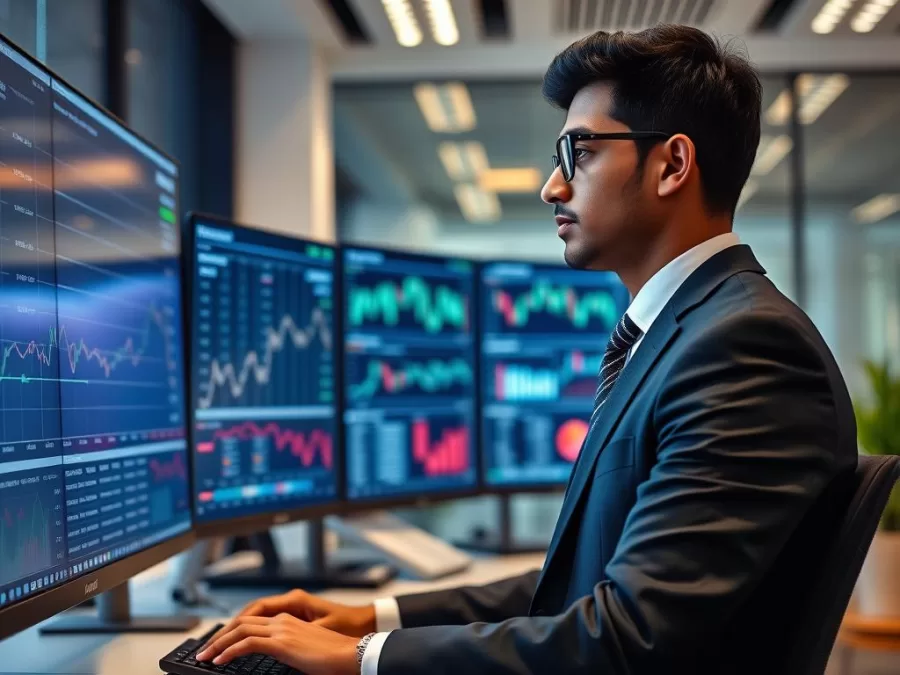 Rohan Gupta, 26-year-old leader of SG Finserve, analyzing financial data on multiple screens