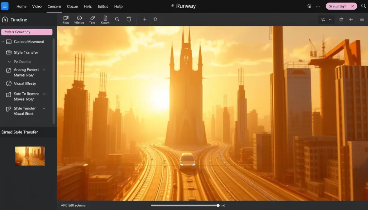 Runway Gen-4 interface showing AI video generation with advanced editing tools and timeline
