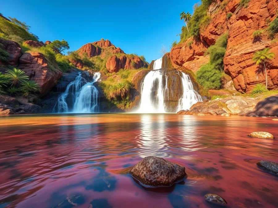 Sapito Falls in Canaima Lagoon during winter with red waters and clear skies
