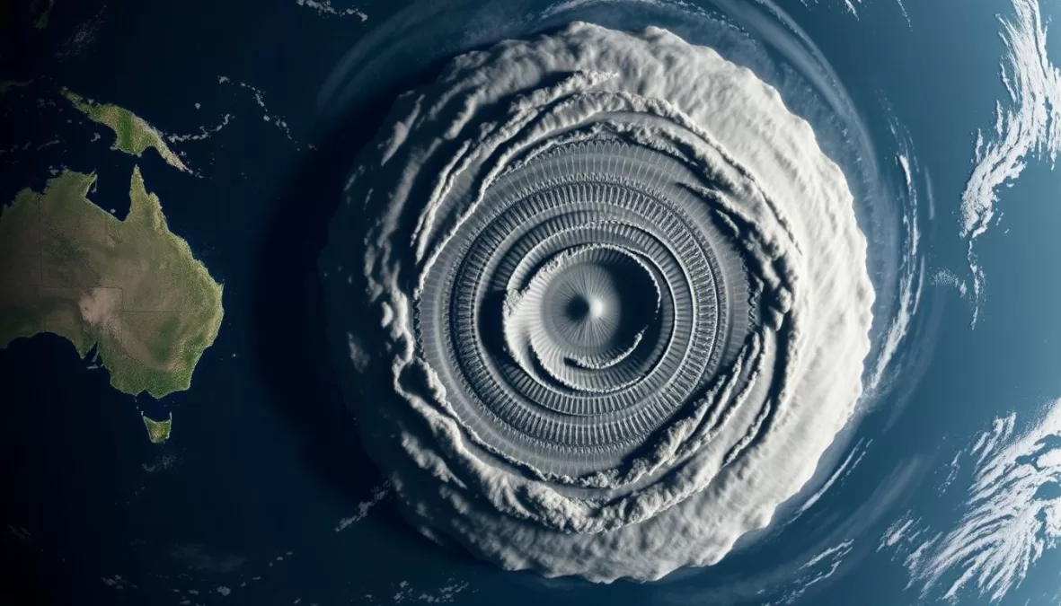 Satellite image of the 2022 Hunga Tonga-Hunga Ha'apai eruption, showing the massive ash cloud from one of the biggest volcano eruption in history
