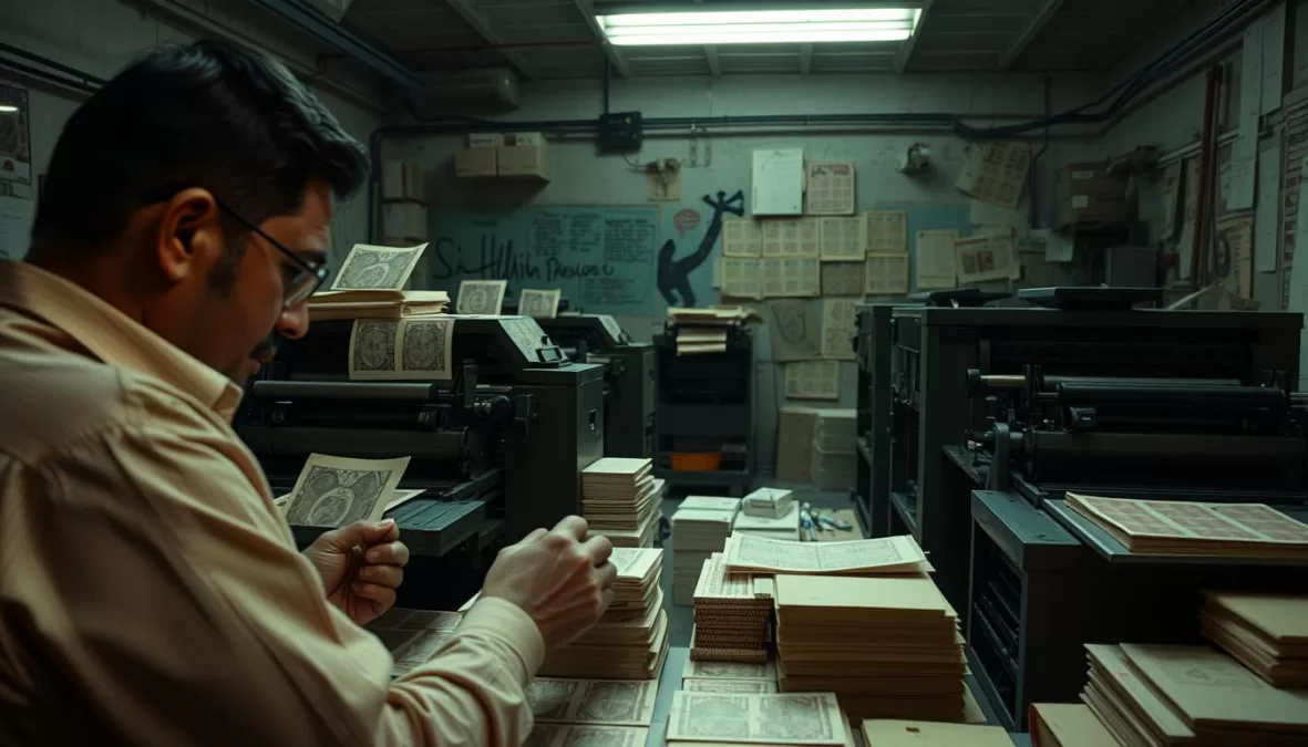 Scene from Exposed: The Telgi Stamp Paper Scam showing counterfeit operation and investigation