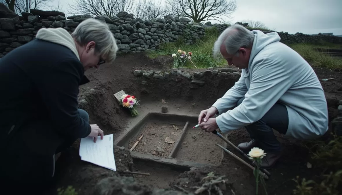 Scene from The Children of Tuam showing archaeological investigation and memorial efforts