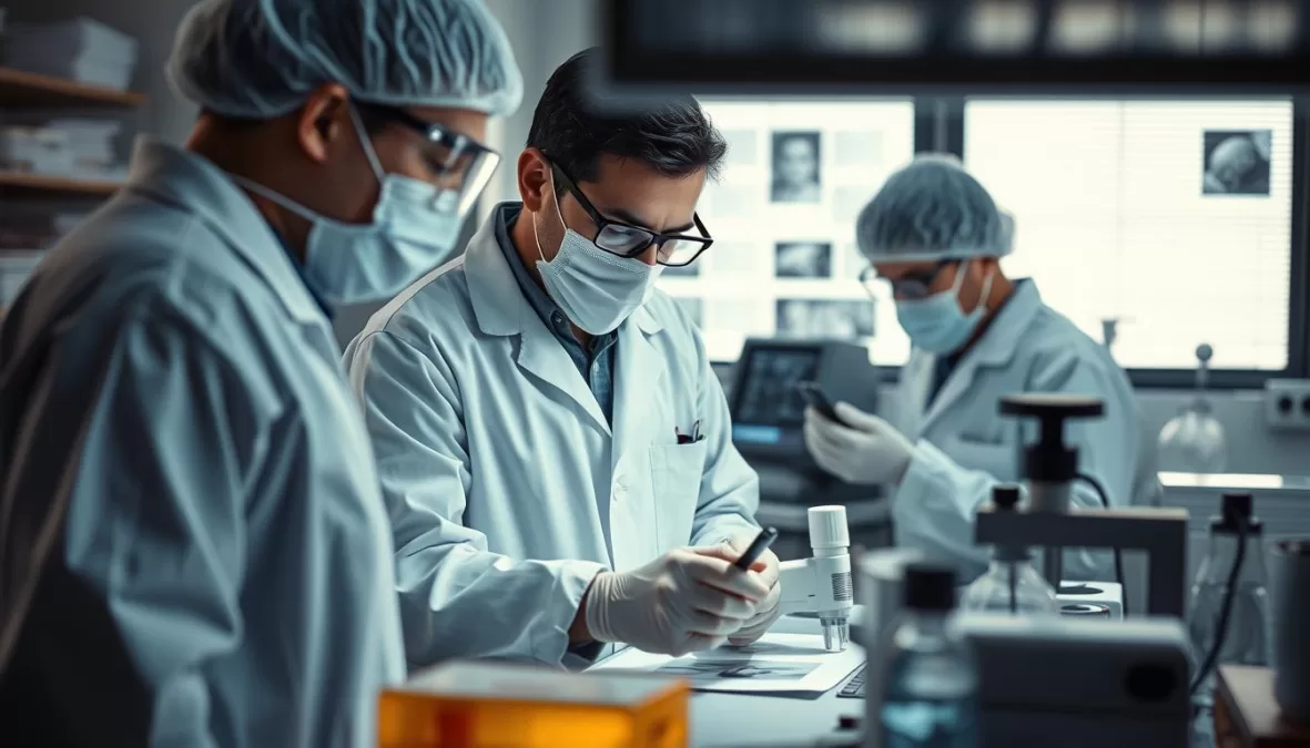 Scene from The Noida Double Murders: Revisited showing forensic reexamination of evidence years later