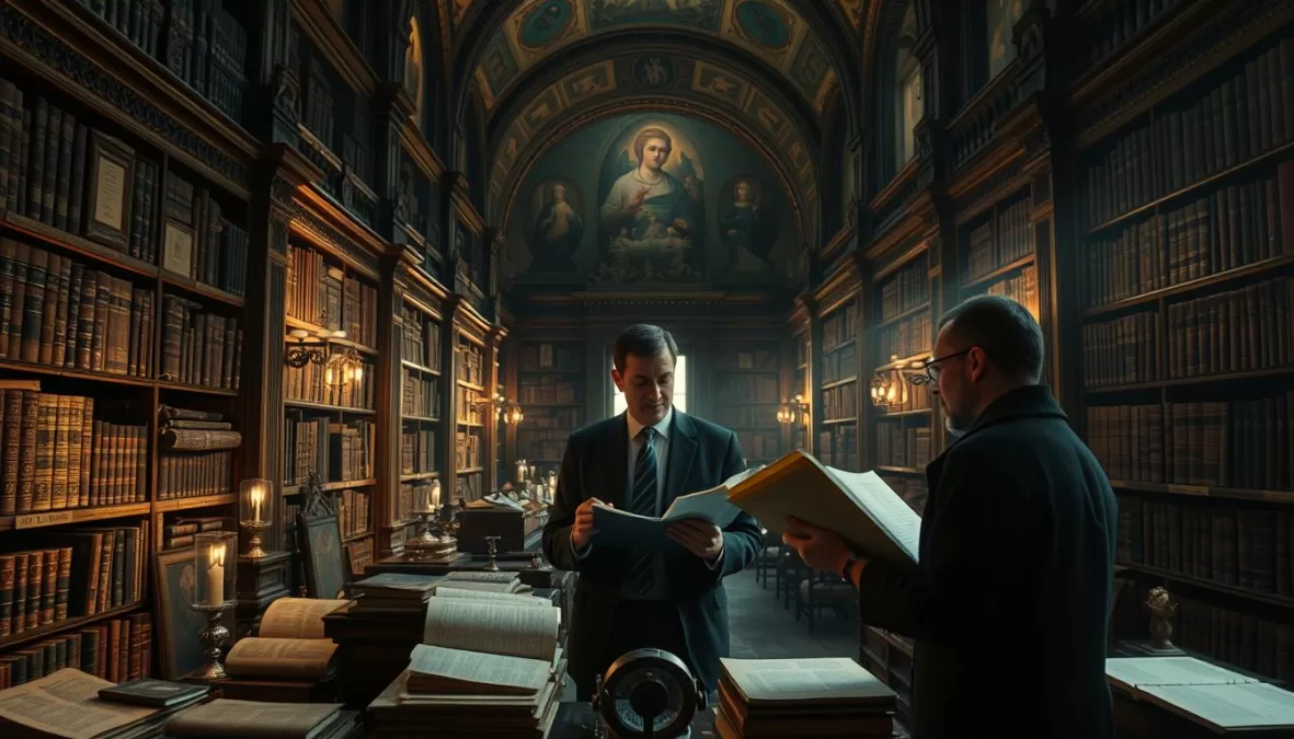 Scene from The Vatican Mysteries showing historical archives and investigation within Vatican City