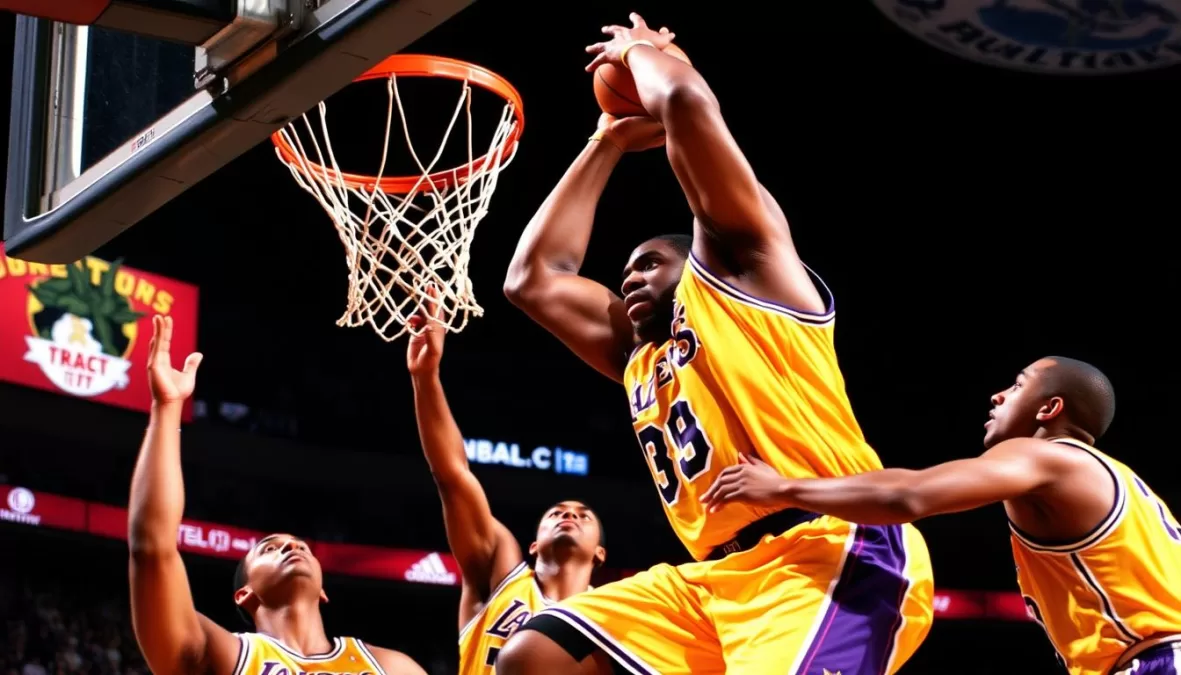 Shaquille O'Neal dunking powerfully in Lakers uniform