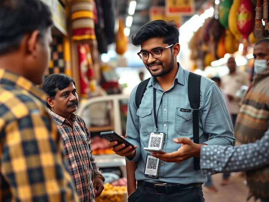 Shashvat Nakrani, 27-year-old co-founder of BharatPe, demonstrating the payment platform to small merchants