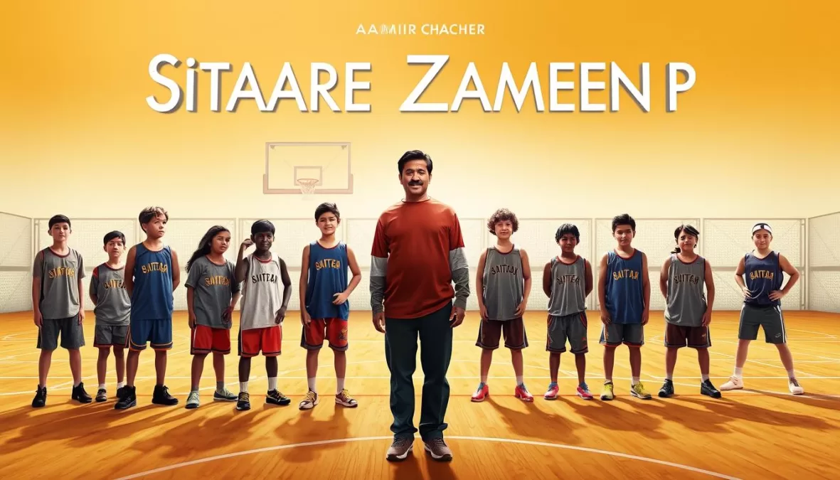 Sitaare Zameen Par movie poster featuring Aamir Khan as a basketball coach with a team of neurodivergent players