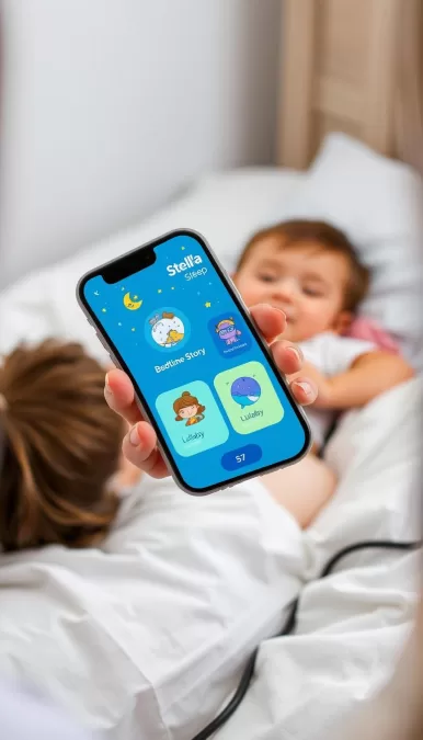 Stella Sleep app showing children's bedtime stories and lullabies interface