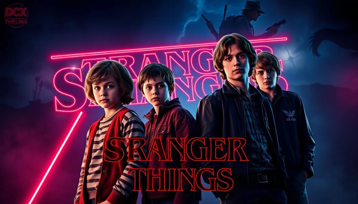 Stranger Things cast featuring Eleven and the gang in Hawkins, representing one of the top 10 Netflix series of all time