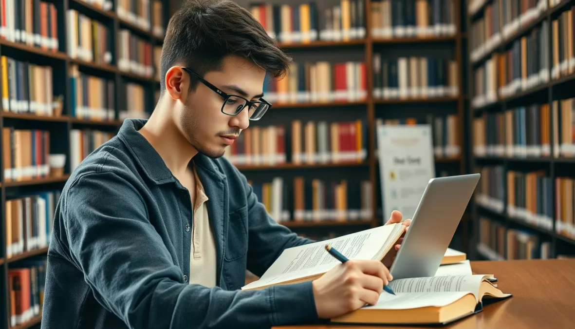 Student ethically using AI tools while studying in a library