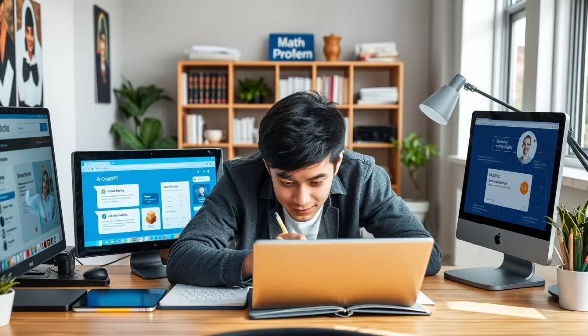 Student using AI platforms on laptop and tablet for learning