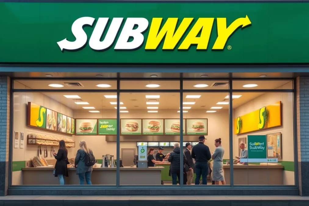 Subway restaurant storefront showing the iconic green and yellow branding with customers inside