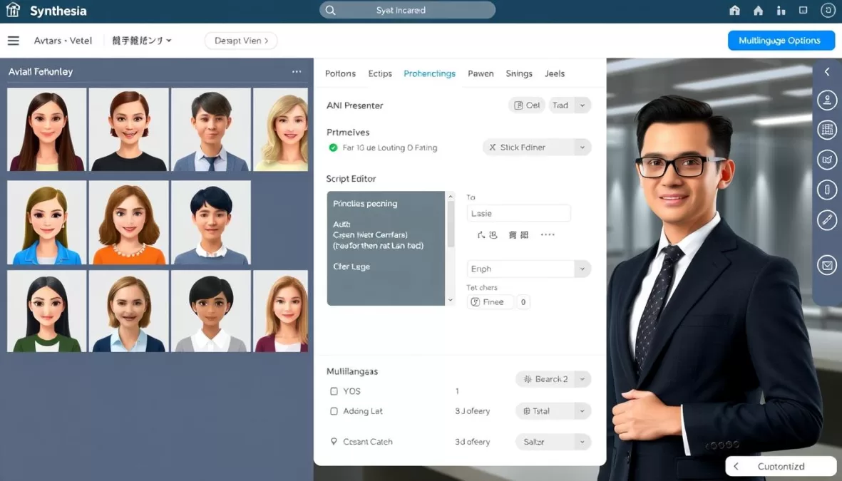 Synthesia interface showing AI avatar selection and video creation workspace