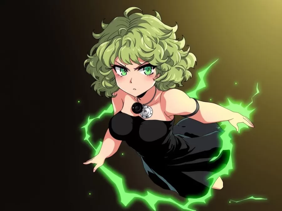 Tatsumaki floating with her psychic powers and annoyed expression, representing powerful anime girls with biggest egos
