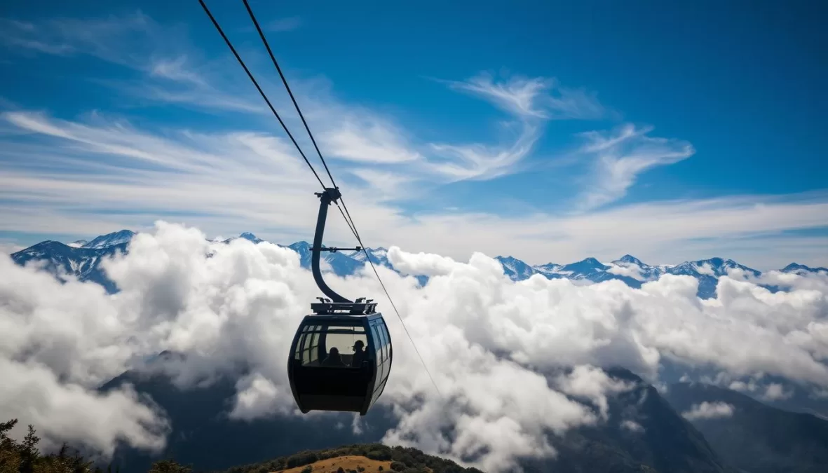 Teleférico de Mérida cable car ascending through clouds in winter
