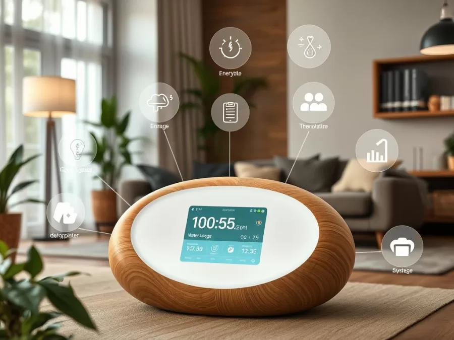 TerraPod Sustainable Smart Home Hub controlling energy usage, water systems, and waste management in an eco-friendly smart home