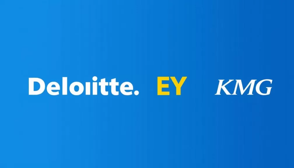 The Big Four accounting firms logos showing Deloitte, PwC, EY, and KPMG as the top accounting firms in the world