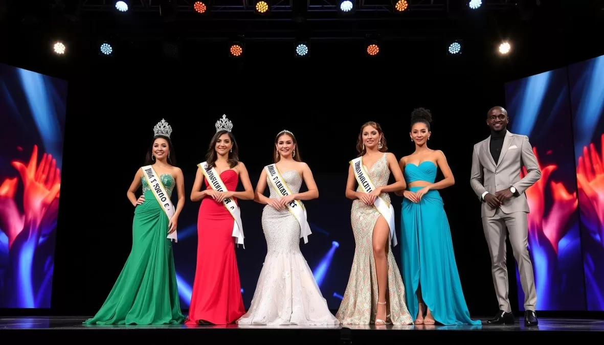 The top five finalists of Miss Universe 2025 standing together on stage