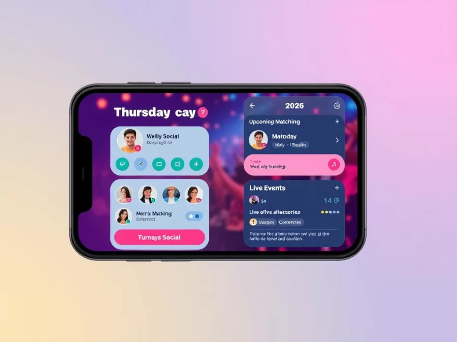 Thursday Social interface showing weekly active matching and live events for young adults in 2026