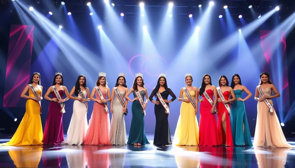 Top 10 finalists of Miss Universe 2025 standing together on stage in evening gowns