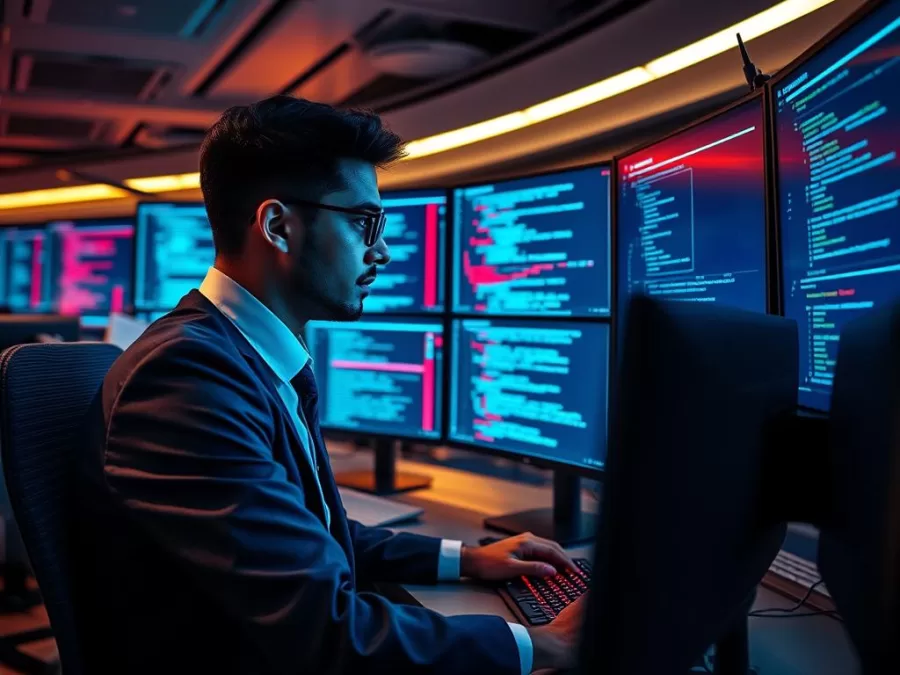 Trishneet Arora, 30-year-old founder of TAC Security, analyzing cybersecurity threats on computer screens