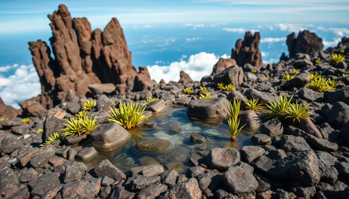 Unique rock formations and plants on Mount Roraima's summit during winter