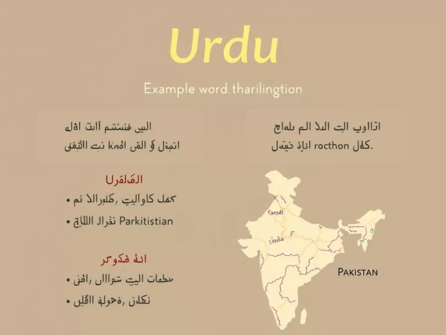 Urdu script examples and map showing Pakistan and northern India where Urdu is the tenth most spoken language in the world