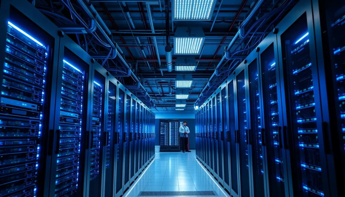 VPS hosting server rack in a modern data center with blue lighting, representing the best VPS hosting plans for small business