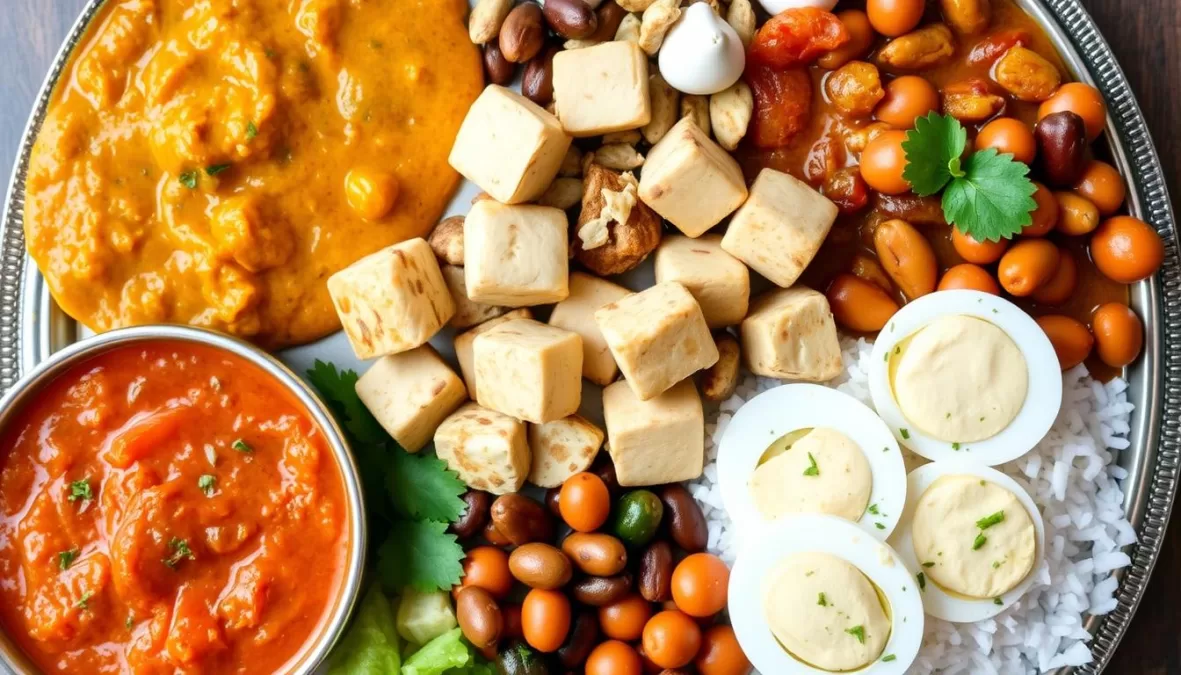 Various high-protein Indian foods arranged on a traditional thali