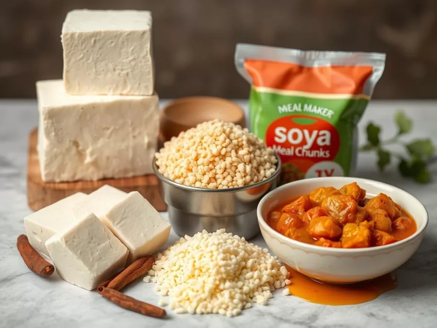 Various soy products including tofu and soya chunks
