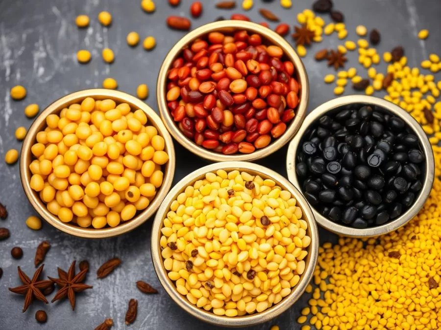 Various types of Indian lentils in bowls