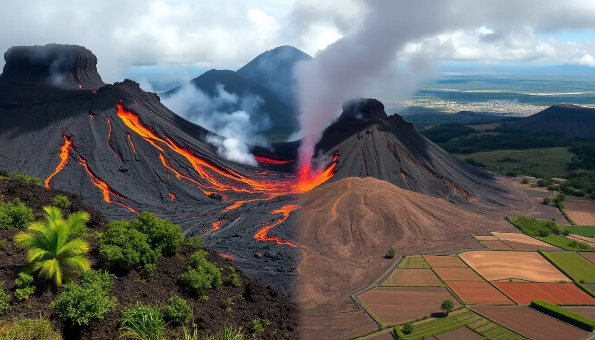 Volcanic landscape showing both destruction and new growth, illustrating how the biggest volcano eruption in history reshape our planet