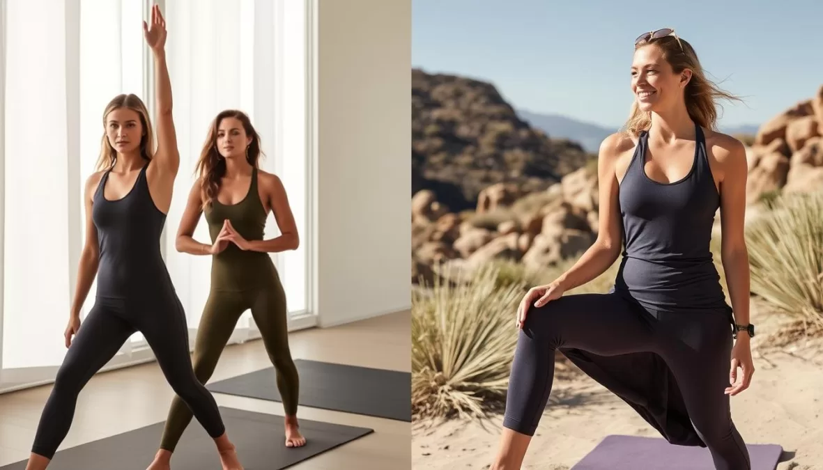 Vuori's DreamKnit fabric clothing being worn for both yoga and casual settings, showing their versatility as one of the top 10 yoga brands in the world 2026