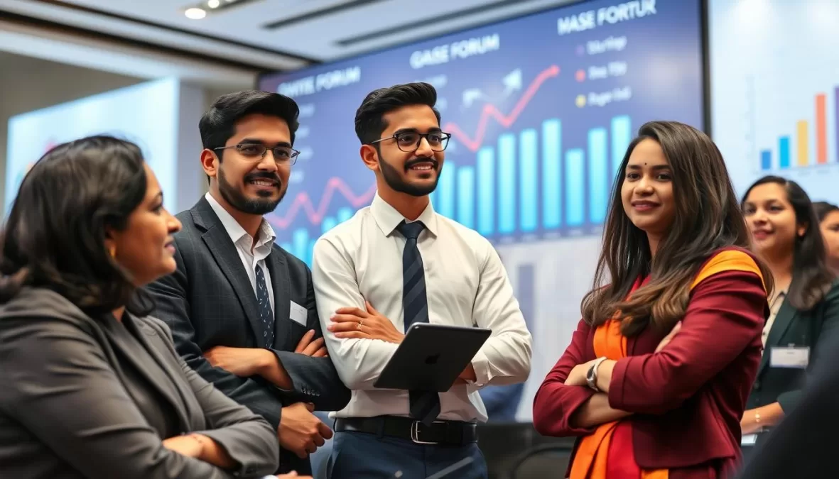 Young Indian billionaires gathered at an economic forum discussing the future of entrepreneurship in India