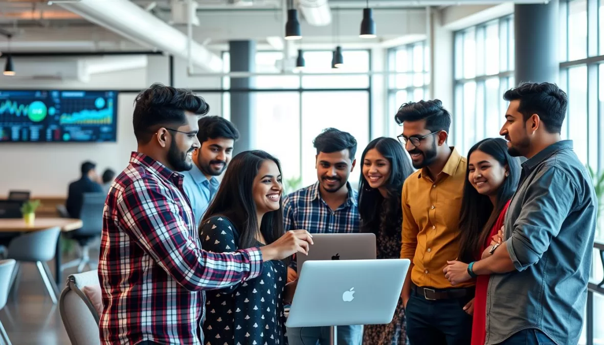 Young Indian entrepreneurs collaborating in a modern co-working space, representing the future of wealth creation