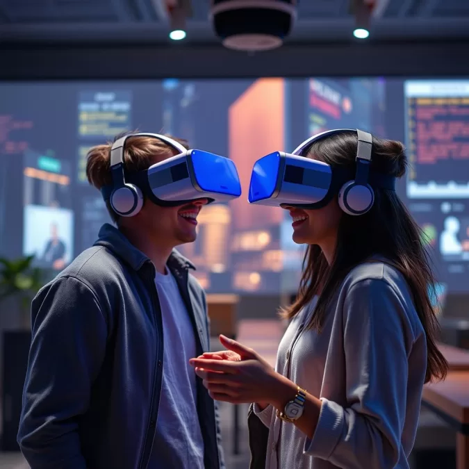 Young adults on a virtual reality date in an immersive environment in 2026