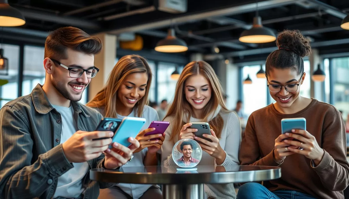Young adults using dating apps on smartphones in a coffee shop in 2026